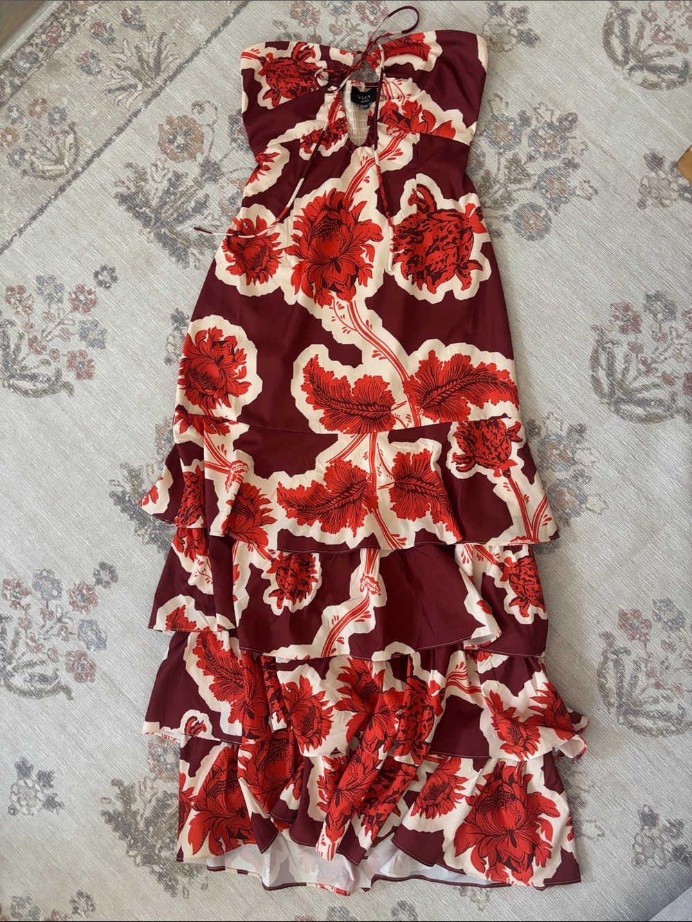 Vici Strapless Floral Ruffled Midi Dress in Burgundy and Red